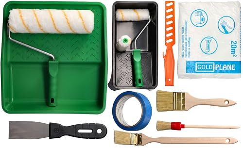 ToolSpace Kit de Peinture - 13 Pcs - 2X Rouleaux de Peinture, bac à Peinture, 3X pinceaux, agitateur de Peinture, spatule, Ruban adhésif et Film - Kit de Peinture Complet - Kit de rénovation