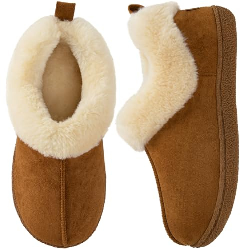 HomeTop Women's Closed-back Slippers Faux Wool Warm Non Slip Outdoor Indoor House Shoes with Fuzzy Collar Chestnut, 5-6 UK