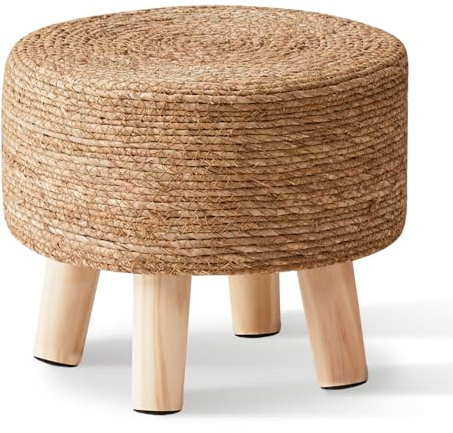 Wimarsbon Round Foot Stool Natural Seagrass Poufs Ottoman Hand Weave Footrest Stool for Couch Desk Extra Seat Step Stool with Solid Wood Legs for Hallway Patio Lounge Natural