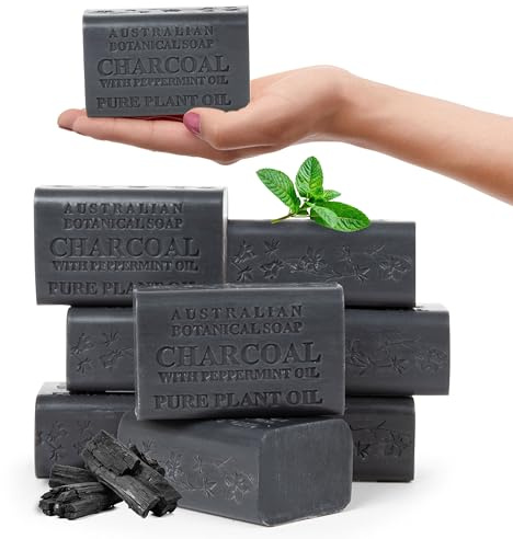 Australian Botanical African Black Soap with Activated Charcoal and Peppermint Oil 6.6 oz, Pack of 8 Activated Charcoal Soap with Raw Organic Shea Butter, for All Skin Types