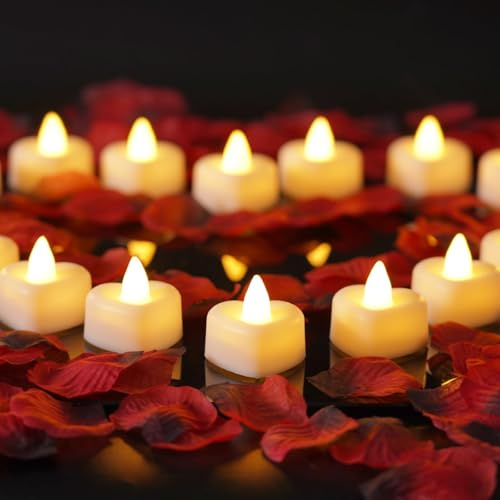Homemory Flameless Battery Tealight Romantic Heart LED Love Bright Flicker Fake Candle, Valentine's Day, Anniversary Wedding Table Decor, Warm White 12pack (Including Artificial Rose Petals)