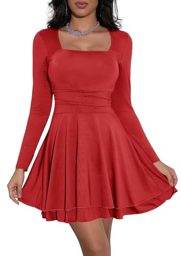 Cicy Bell Vestiti da donna a maniche lunghe con scollo quadrato, abito da festa con orlo a volant, corsetto, miniabito con vita arricciata, abito corto elegante aderente, Colore: rosso, XXL