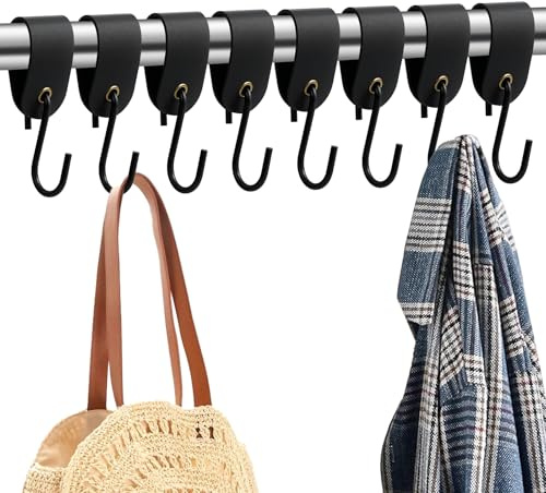 8 ganchos en forma de S negros con correa de piel, ganchos para ropa, ganchos de metal, ganchos de acero inoxidable, ganchos en forma de S, de piel, negro, para colgar en la cocina, el baño, el