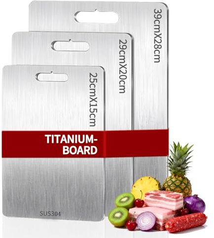 3 Pezzi Tagliere Acciaio Inox, Tagliere in Titanios per Cucina, Set di DoppioLato Taglieri Acciaio Inossidabile per Carne, Frutta, Verdura (39 x 28cm+29 x 20cm+25 x 15cm)