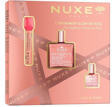 Nuxe The Infinite Rose Gold Christmas Glow Gift Set, HP o Florale 50ml, Huile Prodigieuse Florale 10ml e Very Rose Plumping Lip Serum 8ml, cura della pelle per viso, corpo e capelli
