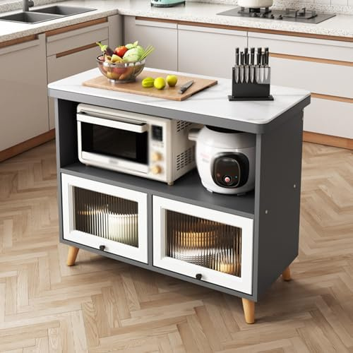 Armadio da cucina moderno grigio con piano di lavoro in pietra e porte in vetro a righe, credenza multifunzione per buffet per caffetteria, supporto a microonde e cucina nization.