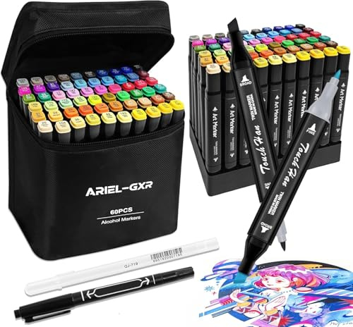 ARIEL-GXR Alcohol Markers, 60 Colored Marker Pens, Colouring Pens with Carrying Case and Storage Base, Felt Tip Pen for Drawing, Sketching, Anime, Manga, Permanent Marker Set for Adults and Kids