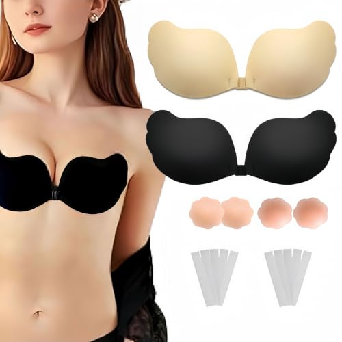 HuaCommerce 2 Pack Sticky Bra Push Up for Women – Strapless Backless Adhesive Bra with Nipple Covers & Tape for Backless Dresses, Weddings & Swimwear