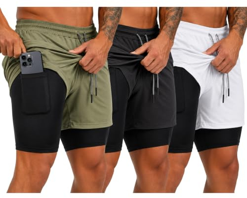 Pack de 3 Pantalones Cortos Hombre Deporte 2 en 1 con Malla integrada | 4 Bolsillos, Cinta Trasera Portatoallas, Resistentes, Transpirables, de Secado Rápido, Gym, Crossfit, Running, Padel