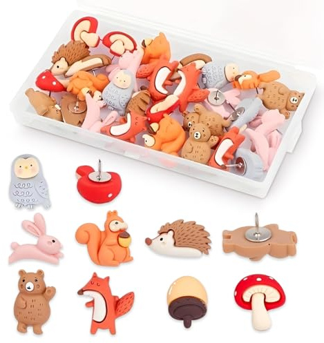 30 Pcs Forest Push Pins, Cute Cartoon Animals Drawing Pins, Vibrant Decorative Pushpins, Playful Thumb Tacks for Map, Pinboard, Office & School, Gifts for Animal Loves