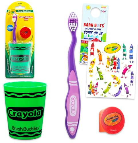 Crayola Crayola Ensemble brosse à dents et gobelet pour enfants – Ensemble avec brosse à dents, gobelet de rinçage, couvercle, tatouages et plus pour filles, tout-petits | Ensemble de brosses à dents