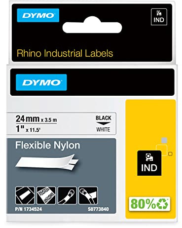 DYMO Rhino Industrie Nylonetiketten | flexibel | 24 mm x 3,5 m | schwarze Schrift auf weißem Untergrund | selbstklebendes Schriftband