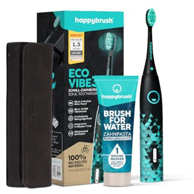 happybrush® Cepillo de dientes eléctrico sónico Eco VIBE 3 - Cepillo de dientes sostenible con batería de 6 semanas de duración, 3 cabezales y pasta de dientes - Negro y Menta