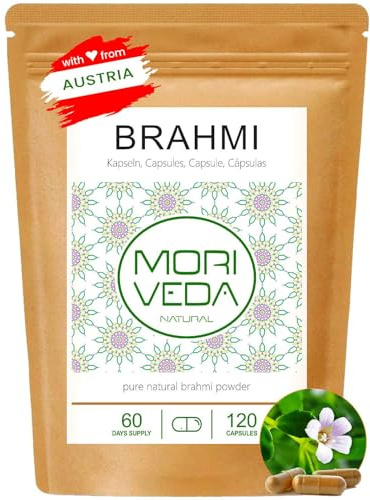 MoriVeda Brahmi Capsule, con polvere della pianta Brahmi (Bacopa Monnieri), scorta per 60 giorni, vegane e senza glutine, 120 pezzi