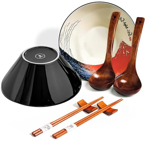 BICETTO Japanese Ramen Bowl Set with Red Fuji Design - 60oz Large Ceramic Bowls, Spoons, Chopsticks for Ramen, Pho, Salad, Poke - Premium Gift for Ramen Lovers - Microwave & Dishwasher Safe