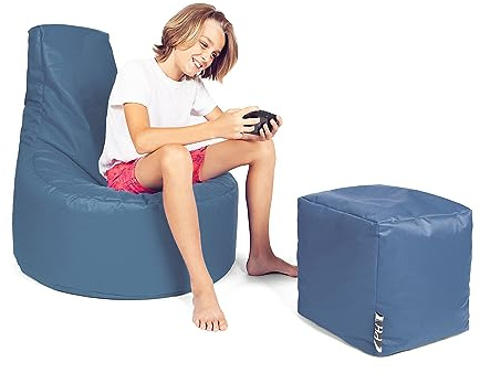 PATCH HOME Patchhome Gamer Cushion Lounge Cushion Bean Bag Chair Seat Cushion Bean Bag + Cube / Stool with Zip Already Filled (Blue Grey, XXL - Diameter 80 cm Armchair + 35 x 35 cm Cube)