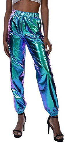 Damen Metallic Hose Glänzend Wetlook Cargohose Sporthose 80er Jahre Kleidung 90er Jahre Outfit Hologramm Hip Hop Leggings Jogginghose Sweathose Tanzhosen Party Disco Nachtclub Clubwear Blau L