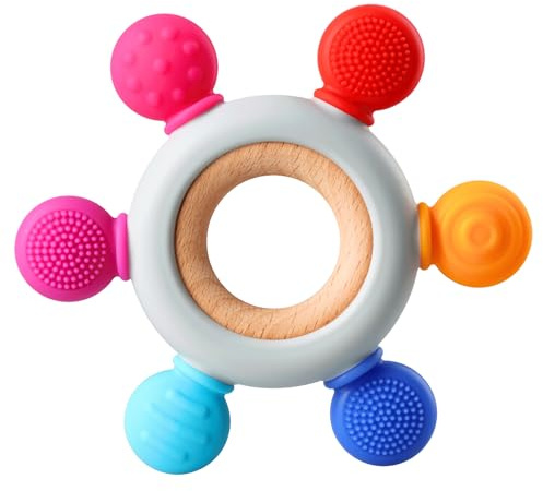 Baby Teething Toys, Silicone Chewable Teethers with Wooden Ring for Soothing Babies Gums, Rudder Chewers Shower Gift for lnfants & Toddlers, 3+ Months (6 Directions, Rainbow)