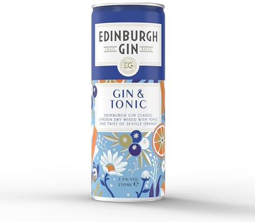 Edinburgh Gin The Classic London Dry and Tonic Ready To Drink Cocktail Cans 7.3% ABV | 250ml | Pack of 12 | Edinburgh Gin Classic Mixed With Premium Tonic and Seville Orange | Balanced and Crisp