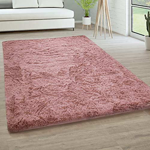 Paco Home Hochflor Teppich Wohnzimmer rutschfest Fellteppich Shaggy Flauschig Weich Modern Kunstfell Fell Imitat Einfarbig, Grösse:160 cm Rund, Farbe:Dunkel Rosa