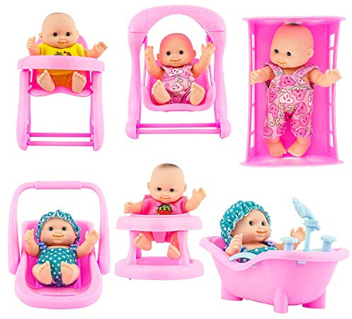 PowerTRC 6 Set of Mini 5 Inch Baby Girl Toy Dolls Collection with High Chair, Cradle, Walker, Swing, Bathtub and Baby Seat Accessories for Girls 3-6 Years Old