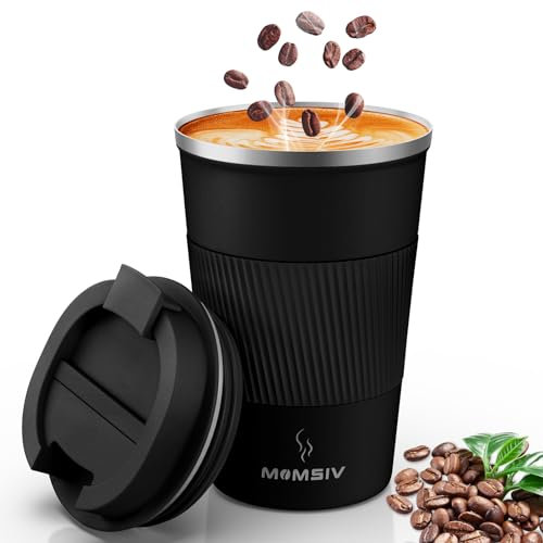 MOMSIV Taza térmica de acero inoxidable antideslizante, 380 ml, taza de café de doble pared aislada, a prueba de fugas, taza de viaje con tapa, color negro, SX-TRAVEL MUG 02