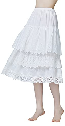 BEAUTELICATE Femme Jupon sous Robe Fond de Jupe en 100% Coton avec Dentelle Jupe À Volants D’éTé Midi Longue 75cm Blanc Cassé