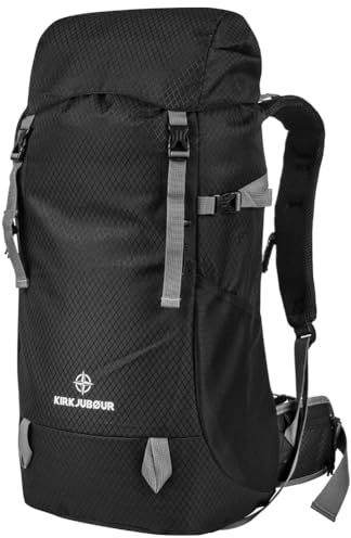 Kirkjubøur® Premium utomhus trekking ryggsäck med 30 l och 35 L, vadderad vandringsryggsäck, flexibel kapacitet och vattenavvisande yttermaterial, svart, 30 L