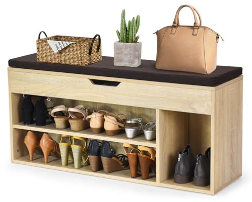 HOMASIS Scarpiera con Seduta Imbottita, Cassapanca Contenitore da Interno in Legno, Scaffale Portascarpe con 3 Scomparti e Cassetto per Ingresso, Corridoio, 104 x 30 x 48 cm (Naturale e Nero)