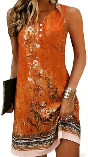 ROFUSSO Robe D'été Bohème Fleurie Décontractée pour Femme Robe Midi de Plage Décontractée sans Manches à Col en V