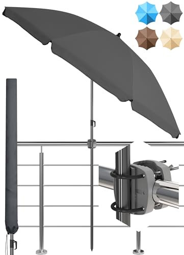 4smile SunnyJoy Sonnenschirm Balkon + Sonnenschirmhalter Balkongeländer + Sonnenschirm Schutzhülle - Premium-SET, Anthrazit - UV 50+ Balkonschirm mit Halterung, Gartenschirm Ø 180 cm