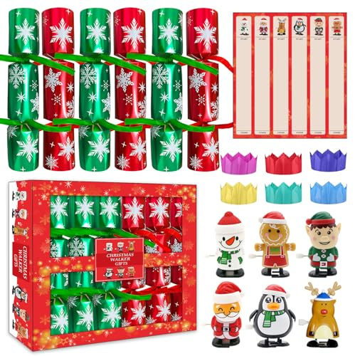POPOYU 6Pcs Christmas Crackers,Xmas Crackers Luxury with Gifts,Unusual Christmas.Crackers with Christmas Wind Up Toys,Kids ChristmasCrackers for Family Party Favors,Kids Novelty Gifts,Xmas Tree Decor