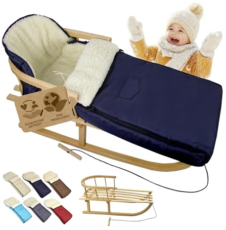 Kombi-erbjudande [träsläde universell vinteråkpåse 108 cm] kälke med ryggstöd och dragrep, fotsäck, lämplig för babystol, barnvagn, buggy med lammull (marin (108 cm))