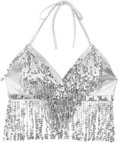 MUNAFIE Glitzer Pailletten Oberteil Damen Fransen Rückenfrei BH Festival Top Outfit Bauchtanz Oberteil Kostüm Silber-1
