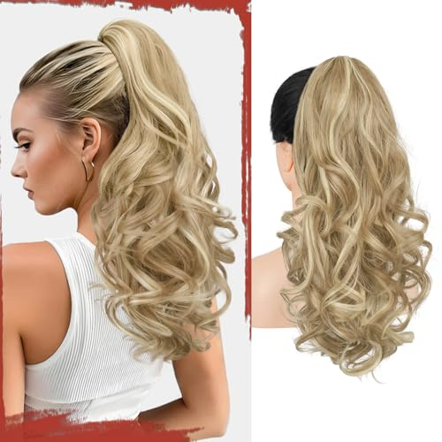 Sofeiyan Coda Cavallo con Pinza 43cm Ricci Ondulati Naturali Capelli Sintetici Posticci Extension Coda di Cavallo per Donna, Biondo Cenere Scuro Misto Biondo Platino