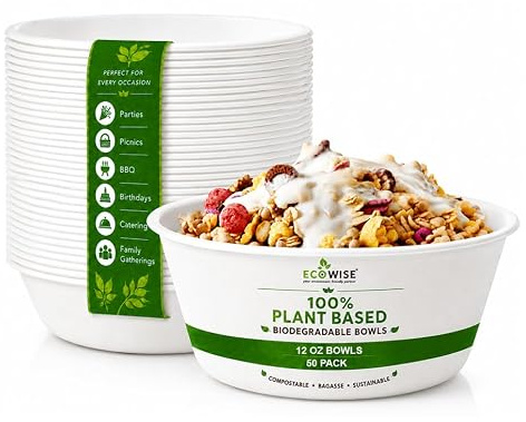 Best House 50 Pack 12 oz (340ml) Bagasse Bowls Biodegradable and Compostable Eco-Friendly White Sugarcane Bowls Perfect for Milk Cereals Snacks Salads Picnics & BBQ Parties