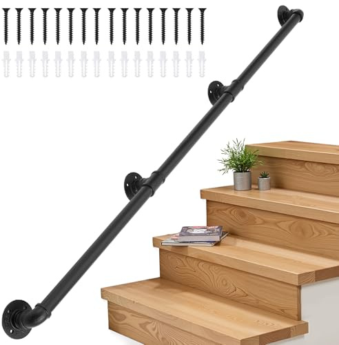 INMOZATA Handrails for Stairs,3M Black Bannister Rail for Stairs Handrail,Safety Wall Mounted Hand Rails Stairs with Fittings,Non-Slip Carbon Steel Round Pipe Stair Railing for Indoor Outdoor Steps