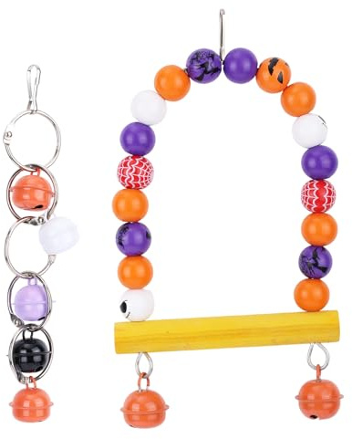 2pcs Bird Toys Set, Halloween-Themed Bird Perch Swing Hanging Hammock and Hanging Bell Rings Colorful Parrots Cage Accessories for Budgerigar Parakeet Cockatiel Lovebirds Budgies Finches More