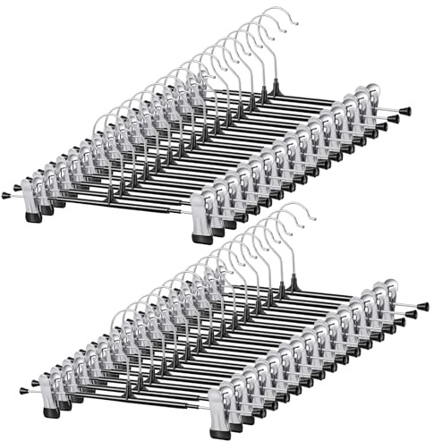 Kifmurase 30 Pack Pants Hangers with Clips, 12 Inch Adjustable Skirt Hangers for Women, Black Metal Non-Slip Toursers Skirt Hanger Heavy Duty Space Saving Clothes Hanger for Shorts Jeans Coat