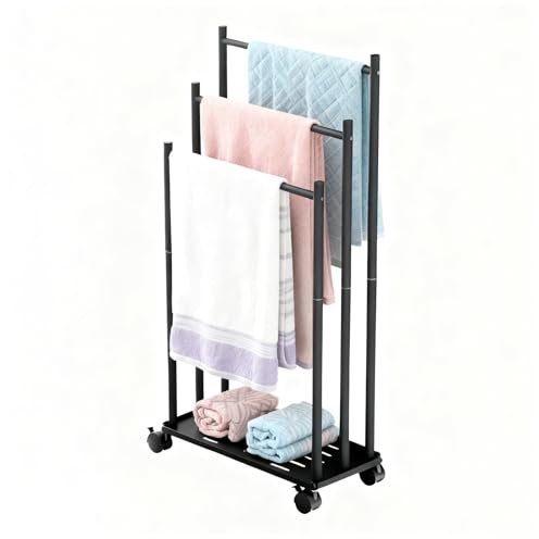 GAESHOW Toallero de suelo con ruedas, organizador de 3 niveles de metal con estante moderno, soporte para toallas, accesorios de baño, negro