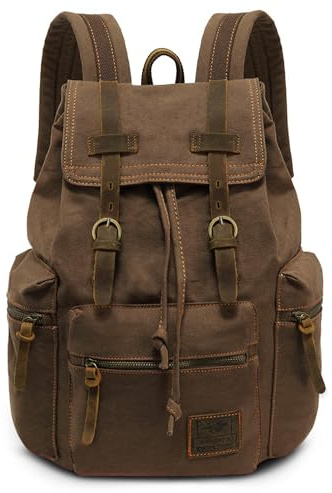 VARLIVOO Sac à Dos Homme Vintage en Toile pour PC Portable 14 Pouces | Antivol Sac a Dos, Compartiment PC Protégé, Rabat à Cordon, Finitions en Cuir pour Travail Quotidien Voyage
