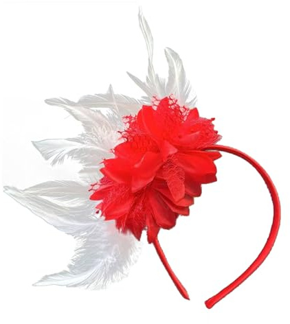 Rainway Serre-tête à plumes avec fleurs artificielles des années 1920 - Fascinators - Pour carnaval, carnaval, fête, mariage - Rouge et blanc
