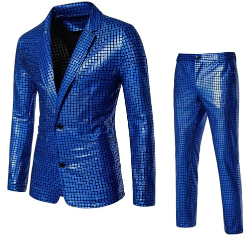 Trajes de Hombre de Corte clásico 2 Piezas, Traje Discoteca con Lentejuelas arcoíris para Hombre, Blazer y pantalón metálico Brillante, Traje 2 Piezas para Talla Grande Azul