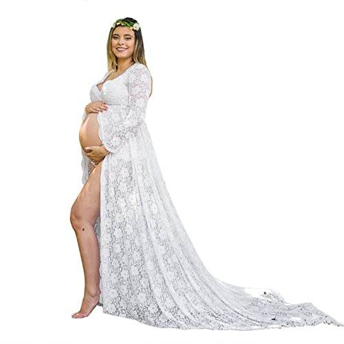 Robe De Maternité Soiree Moulante Manche Longue Femme D'allaitement Robes Grossesse Latérale Enceintes Pour Photographie Cérémonie Femmes - Tenue Photo Co nfortable Manches Courtes Coupe Unie (White,