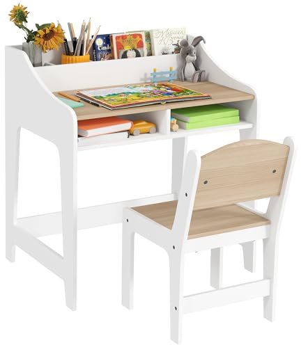 AIYAPLAY Kids Desk and Chair Set for 3-8 Years Old Natural Wood Finish | Children Study Table and Chair Set with Storage and Shelves, Student Writing Desk, Bedroom & Study Room, Gift