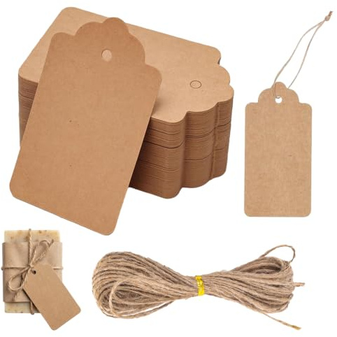 100 stycken presenthängen, 3 × 5 cm kraftpapper hängen etiketter med 20 m jutesnöre presentetiketter för märkning för bröllop hantverk jul, presentförpackning, diy-projekt (brun)