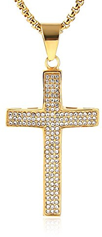 HZMAN Mens Iced Out Cross Cz Inlay Pendant 18k Gold Plated Stainless Steel Hip-Hop Necklace 24 Gold