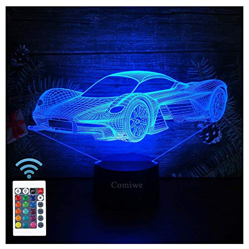 Comiwe Sports Racing Car 3D Illusion Night Light Toy,16 Colors Change Smart Touch & Remote Control,Home Decor LED Bedside Table Desk Lamp,Christmas Birthday Gift for Boy Kids Adults Friends & Family