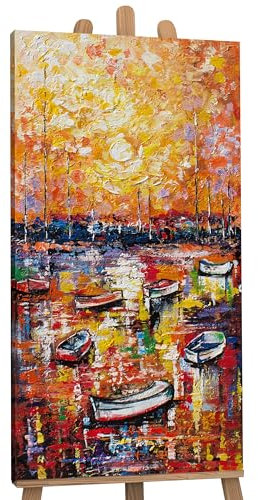 YS-Art Pintura abstracta sobre lienzo en acrílico Embarcadero Cuadros contemporáneos Motivo otoñal Color amarillo y naranja 120x60 cm