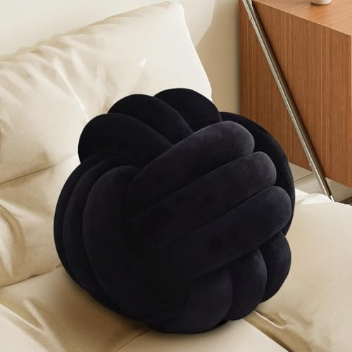 Black Knot Pillow Ball, Fluffy Handmade Decorative Throw Pillow, Soft Round Knotted Cushion for Couch & Bedroom, Cute Home Decor Ball Pillow for Living Room (7.87 Inches)